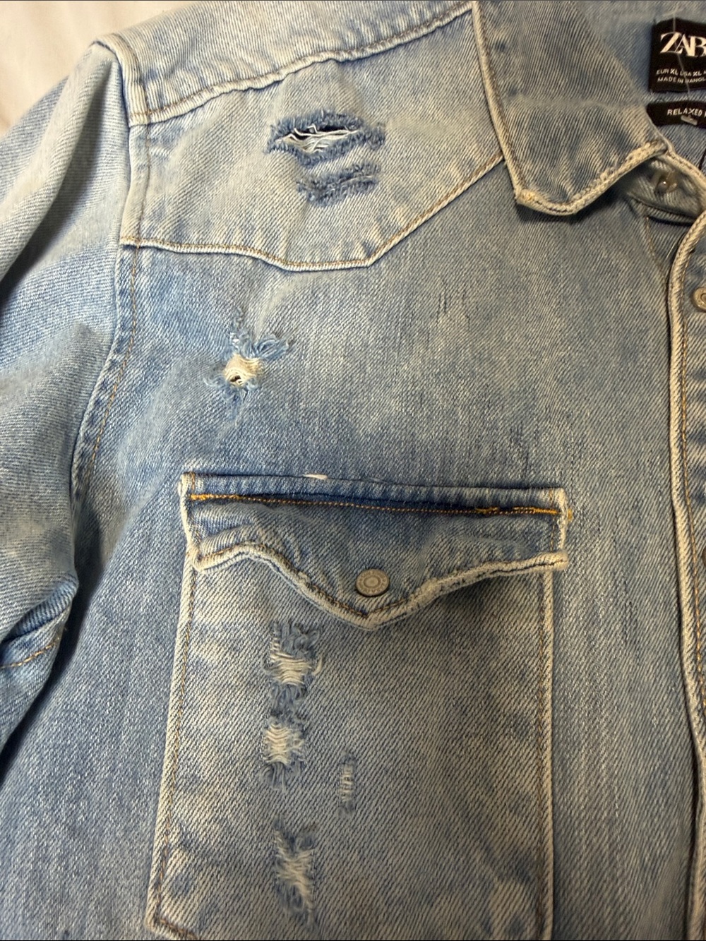 ZARA Light Wash Distressed Denim Shirt Jacket - Picture 3 of 5